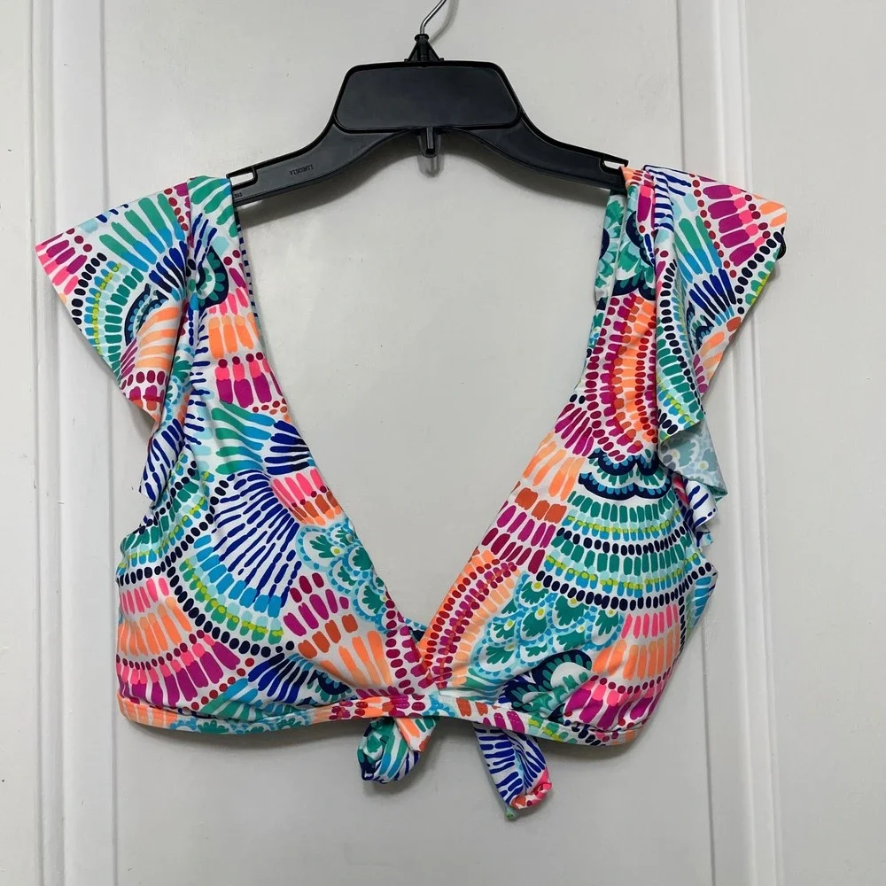 LA BLANCA V-Neck Ruffle Sleeve Bikini‎ Top Tie Back Multi Color Print Size 12